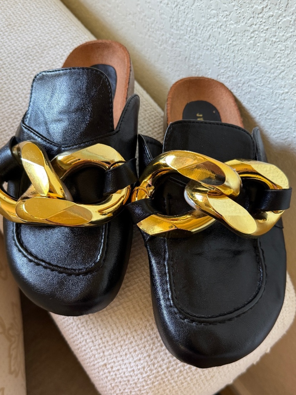 SHEIN Black Slip-On Mules with Chunky Gold Chain